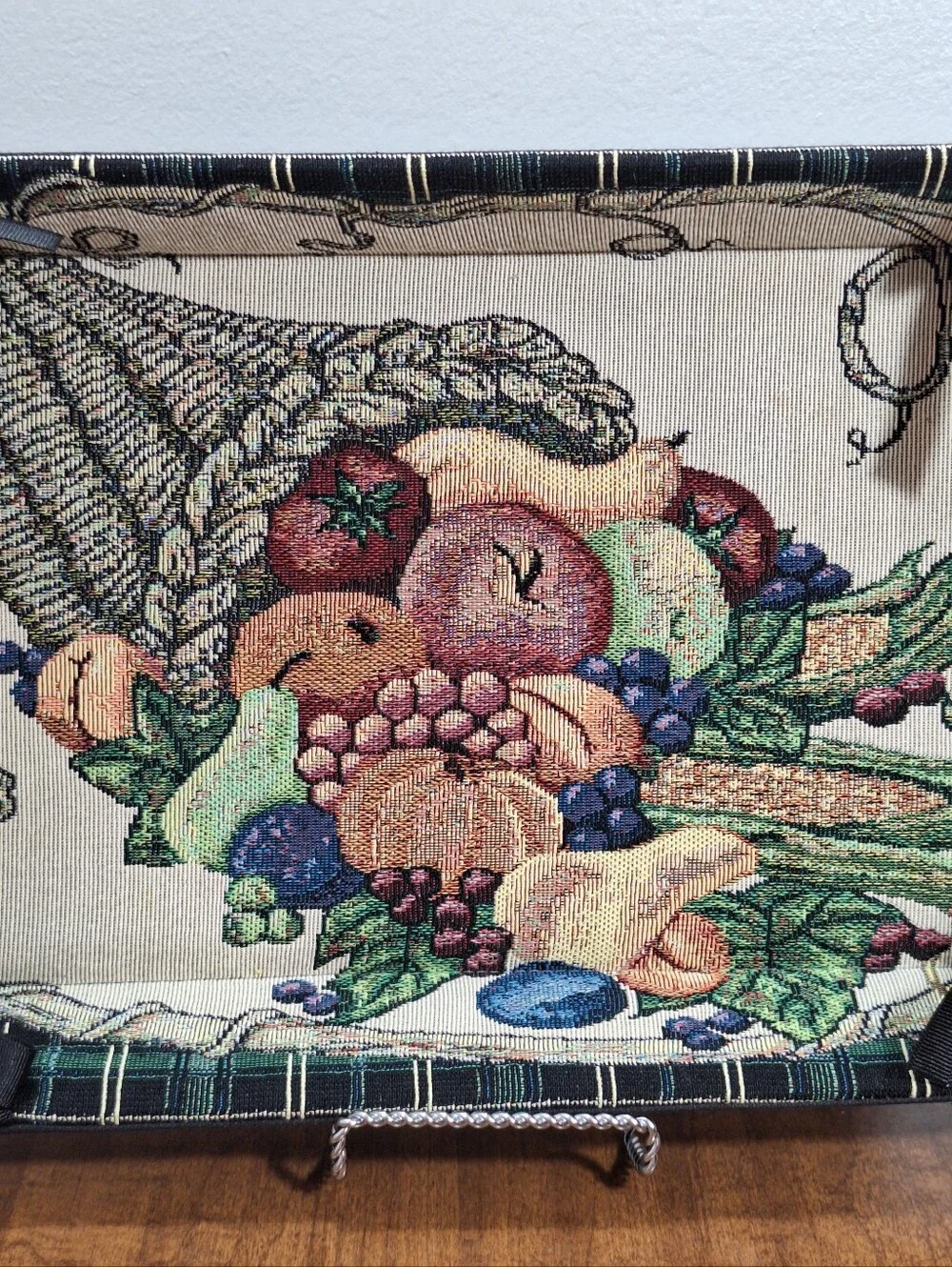 Fall Harvest Woven Tapestry Plaid Tray Bread Basket Cornucopia Fruit Decor 15x10